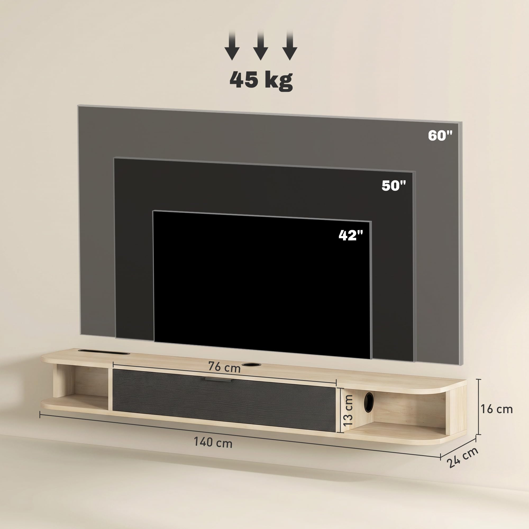 HOMCOM Ścienny mebel TV 140cm do TV 60", Naturalne drewno & Czarny