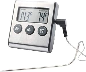 Digital Oven Meat Thermometer & Timer, Large LCD Digital Cooking Food Thermometer with Probe, Stainless Steel Instant Read Grill/Roasting Thermometers for Smoker Outdoor Oven Kitchen BBQ Turkey, Silver