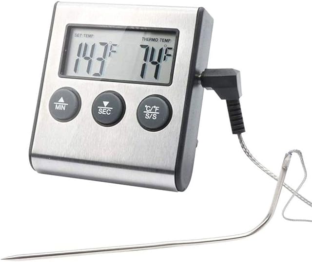 Thermomètre numérique à viande d'four & Chronomètre, grande LCD Thermomètre alimentaire de cuisine numérique avec sonde, acier inoxydable lecture instantanée Grill / thermomètres de rousseur pour la cuisine de four extérieur fumée BBQ Turquie, Argent