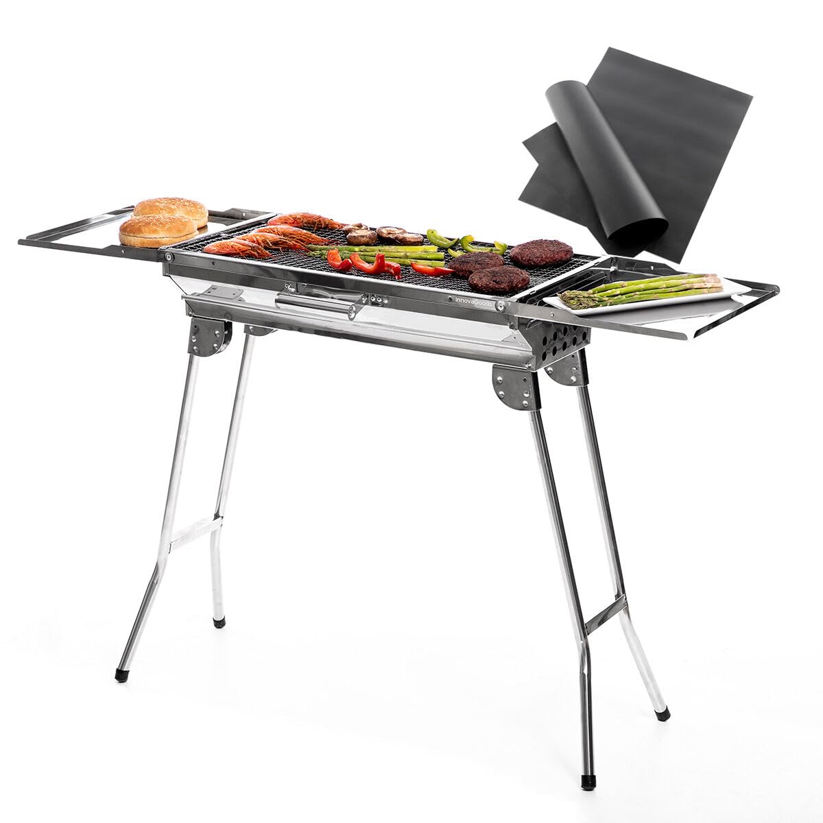 InnovaGoods® Barbecue carbone con tappetino per forno e barbecue, in acciaio inox per carbone, tappetino in fibra di vetro spazio cibo 57x29cm, ripiano laterale per accessori cucina