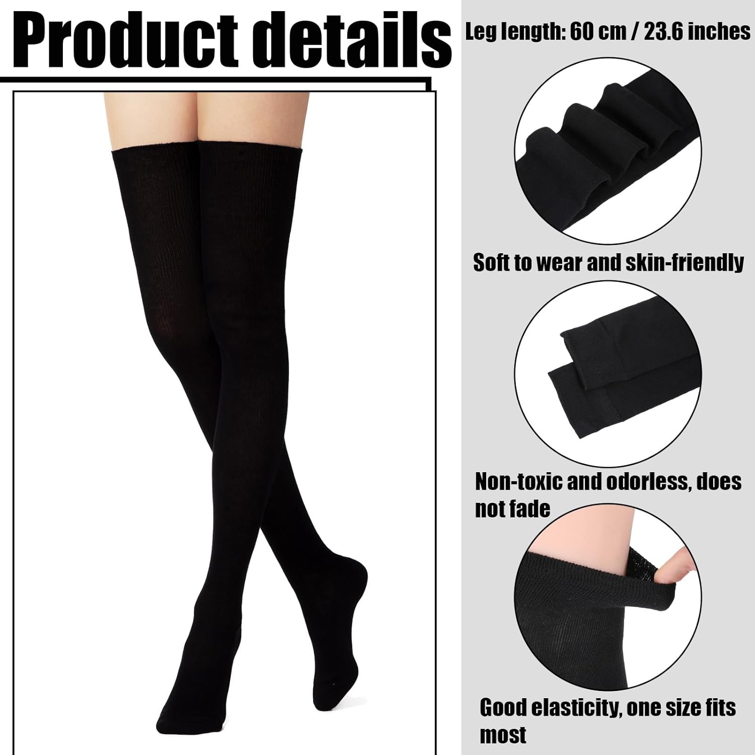 2 Pairs Thigh High Socks Women Non Slip Thigh High Socks Cotton Soft Knee Long Stockings Women Leg Warmers Fashion Tube Stockings above Knee Cosplay Sock - Image 3
