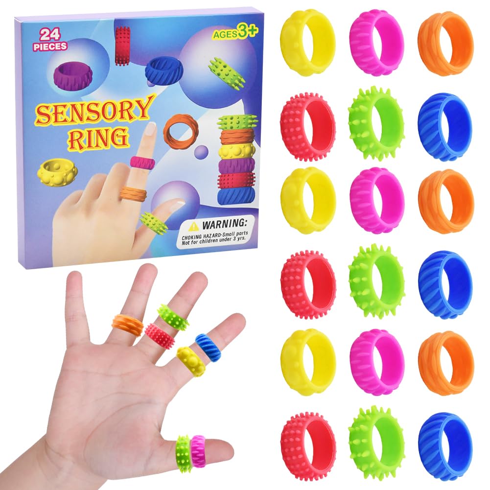 Fidget Toy Sensory Rings, 24 Pack Finger Spinner Rings Silent Fidget Toys for Kids Adults Anxiety Relief Toy Sensory Finger Ring Stress Relief Toys for Classroom Focus Help, Quiet Finger Therapy