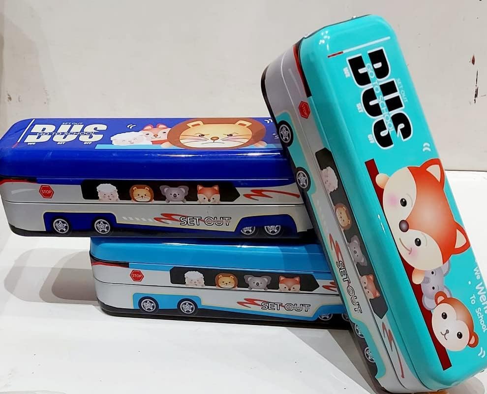 JAPSI Unicorn Design Double Decker Bus Pencil Box, Metal Case with Wheels, Pink 2