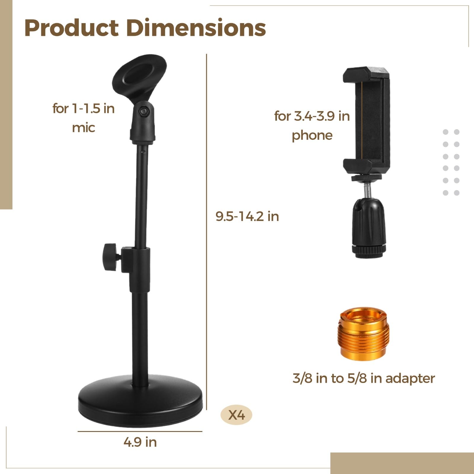 Lot de 4 supports micro réglables pour bureau, avec pince micro et support téléphone, base métallique lestée, adaptateur 3/8 à 5/8 inclus, pour enregistrement et podcast