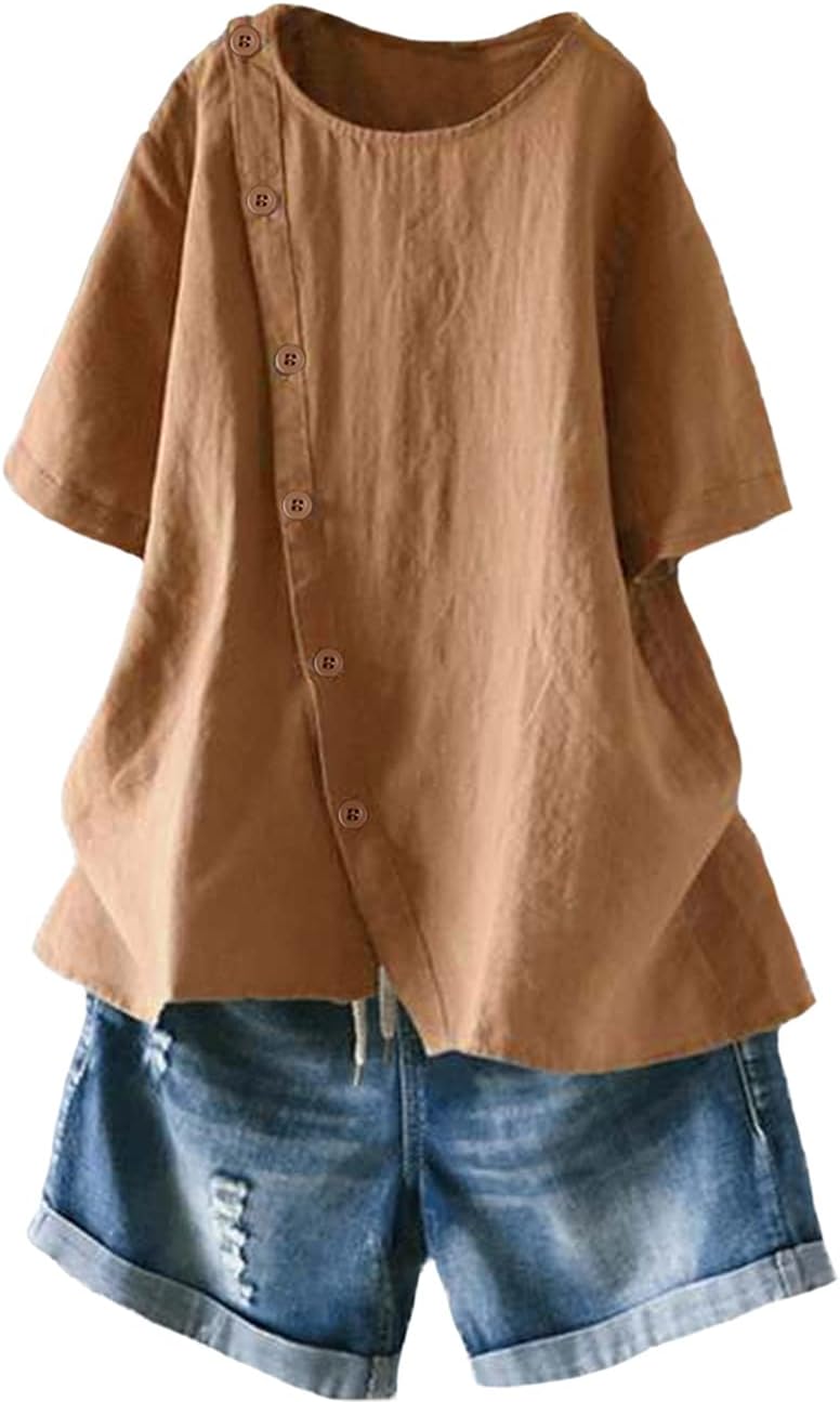 Minibee Women's Linen Blouse Tunic Short Sleeve Shirt Tops With Buttons Decoration