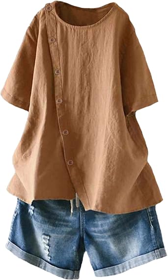Minibee Womens Linen Blouse Tunic Short Sleeve Shirt Tops With Buttons Decoration