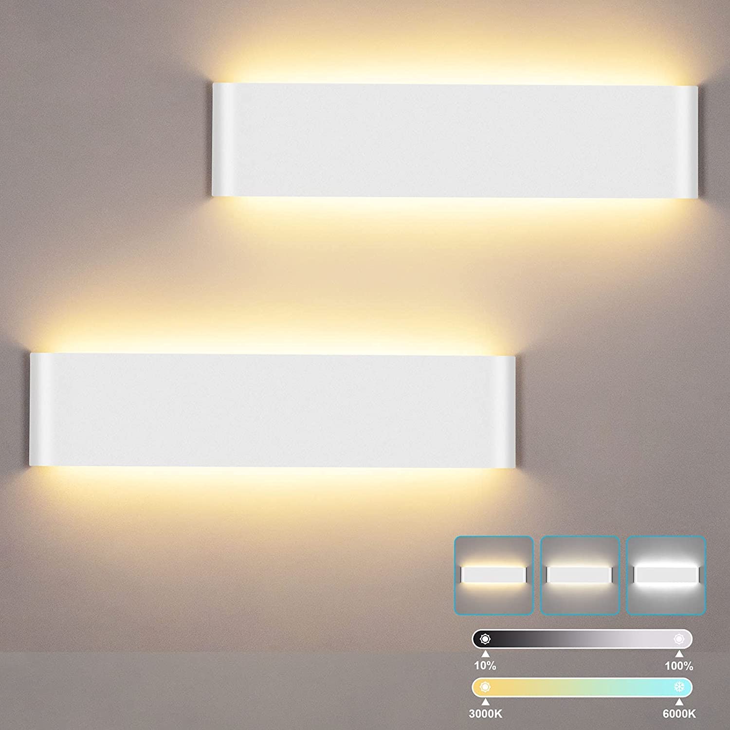 24W Applique Murale LED Avec télécommande 2 Pack Smart Applique Murale Interieur LED 3000-6000K Température de couleur et luminosité réglables Moderne Up Down Appliques Murales Blanc（40CM）