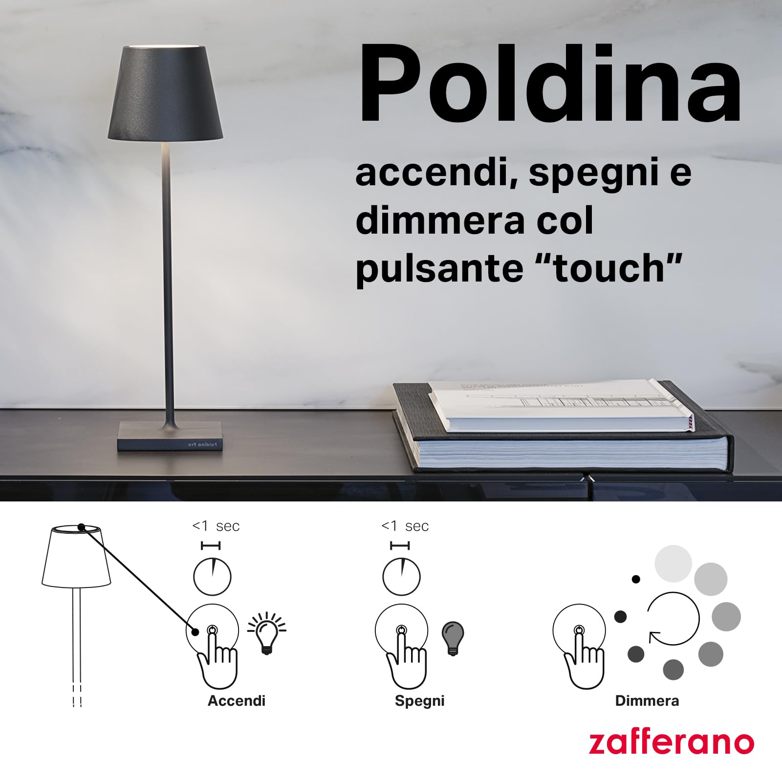 Zafferano, Poldina Pro con Foglia Color Argento, Lampada da Tavolo Ricaricabile e Senza Fili con Controllo Touch, Utilizzabile come Lampada da Interni, Dimmer, 2200-3000 K, Altezza 38 cm