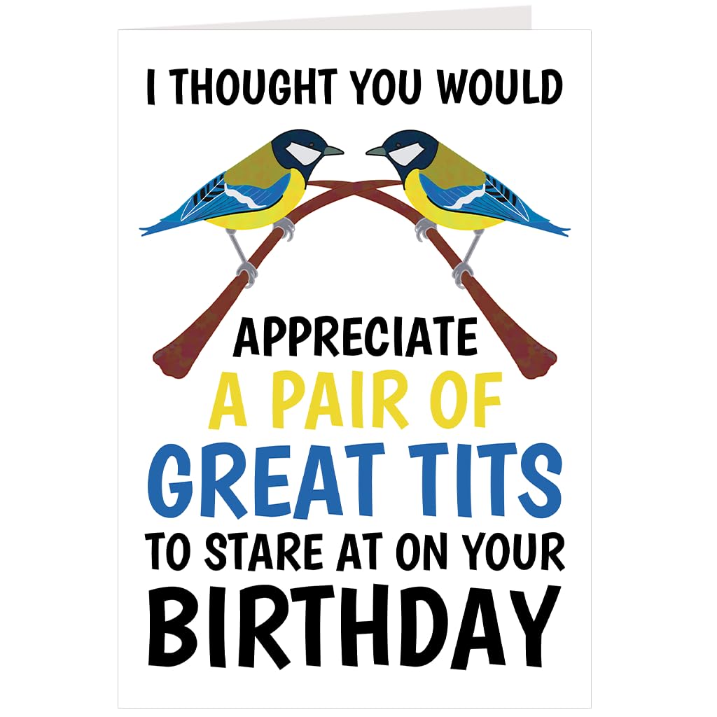 Funny Birthday Card For Men – Great Tit Bird Pun – Humorous Design for Bird Watchers – Birthday Cards for Him, Best Friend, Dad or Brother - Blank Inside - Size 7x5 With Envelope