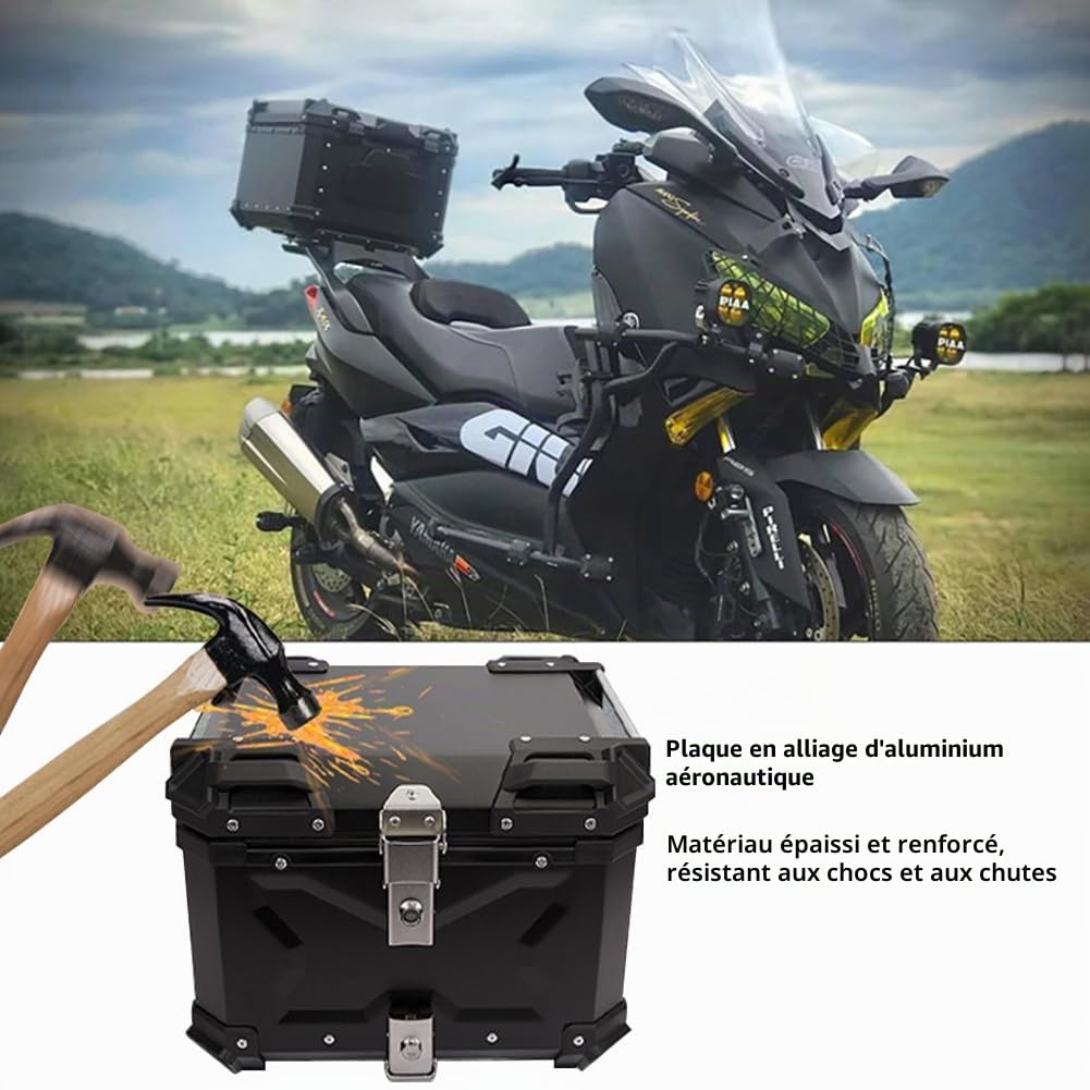 X-Silver Aluminium Scooter Top Case, Imperméable, 55L avec Serrure de Sécurité & Dossier, Base à dégagement Rapide pour Casque et Bagages