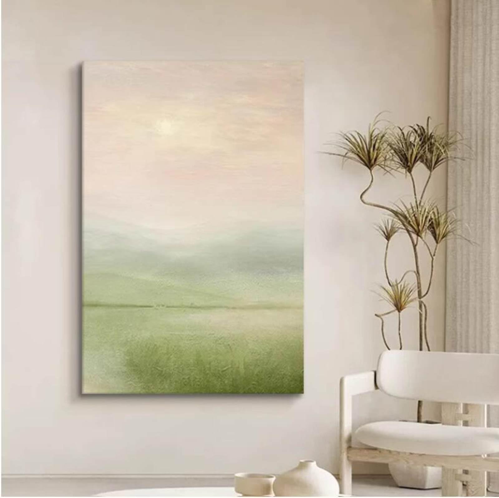 Peinture à l'huile sur toile grand format avec un paysage vert abstrait pour décoration