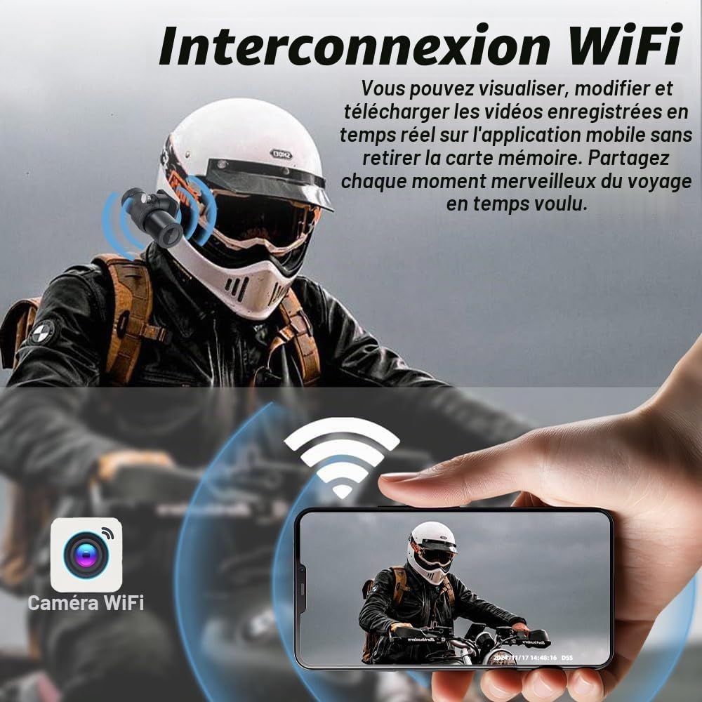 Caméra Casque VSYSTO, Allumage/Extinction Automatique, WiFi HD 1080P Objectif Grand Angle 150° Vision Nocturne Étoile Caméra de Casque Portable Caméra d’Action, Capteur G, Enregistrement en Boucle
