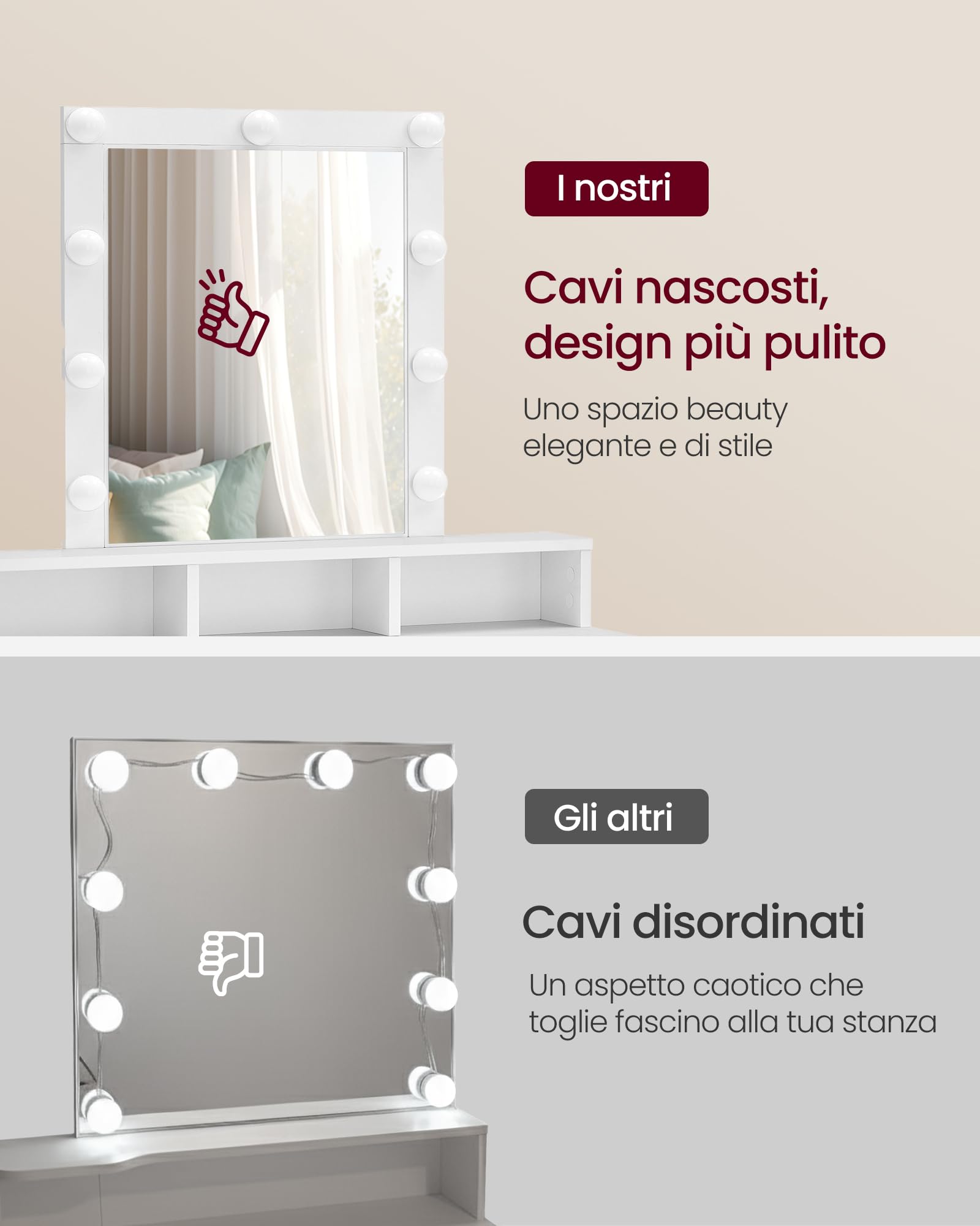 VASAGLE KAILYN Collezione - Toeletta, Luce LED Regolabile a 3 Colori, Tavolo da Trucco con Specchio, 2 Cassetti e 3 Scomparti, Postazione Trucco, Moderno, Bianco RDT114WB01