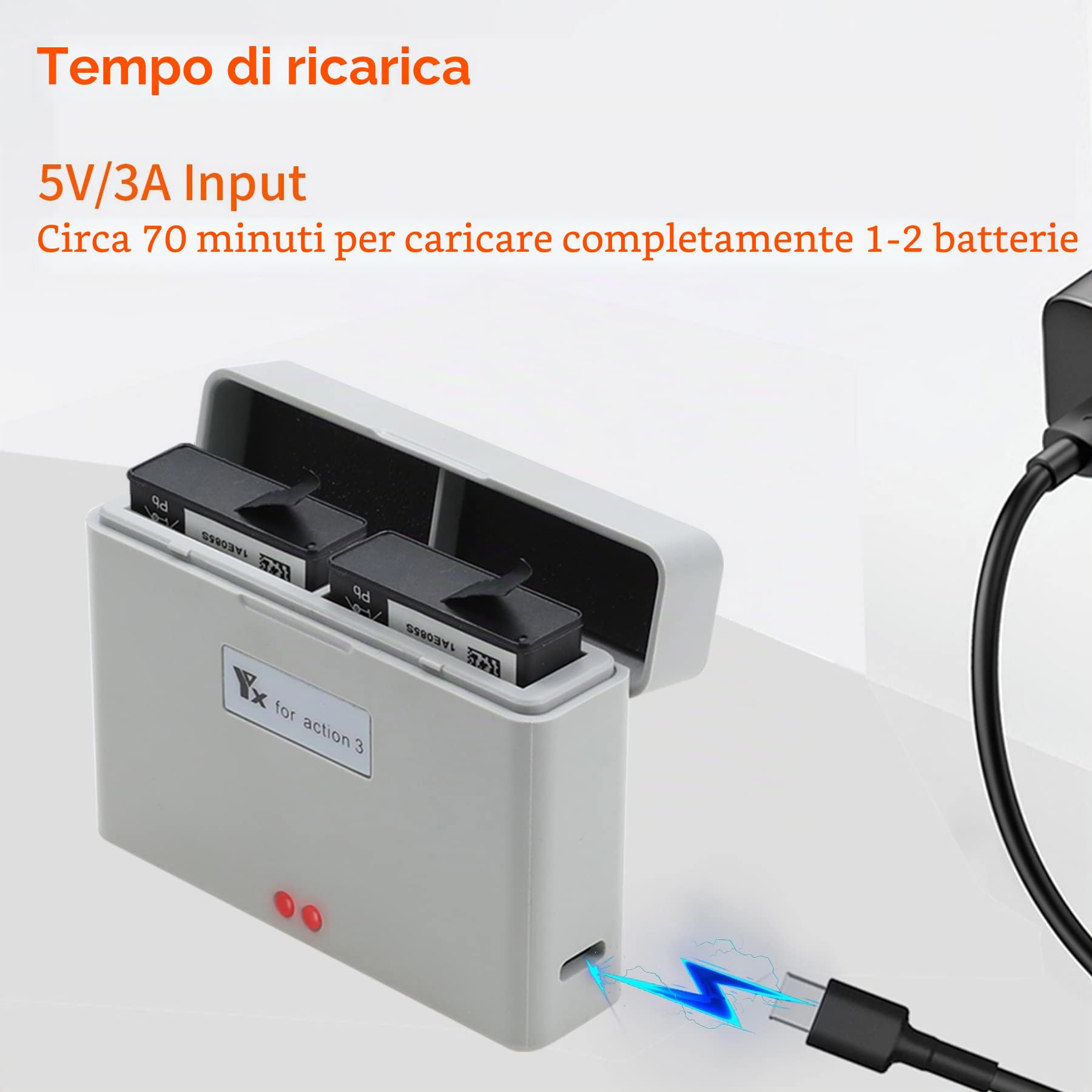 Caricabatterie per DJI Action 3/Osmo Action 4,Caricatore Ricarica 2 Batterie,Stazione di Ricarica Carica Batteria Accessori