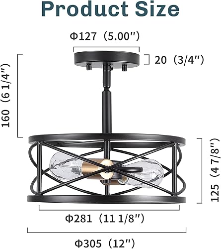 Miniatura 6 de mavcadonf Lámpara de techo semiempotrada de 2 luces, de 14 pulgadas, industrial y moderna, con jaula de metal, lámpara de techo con acabado de