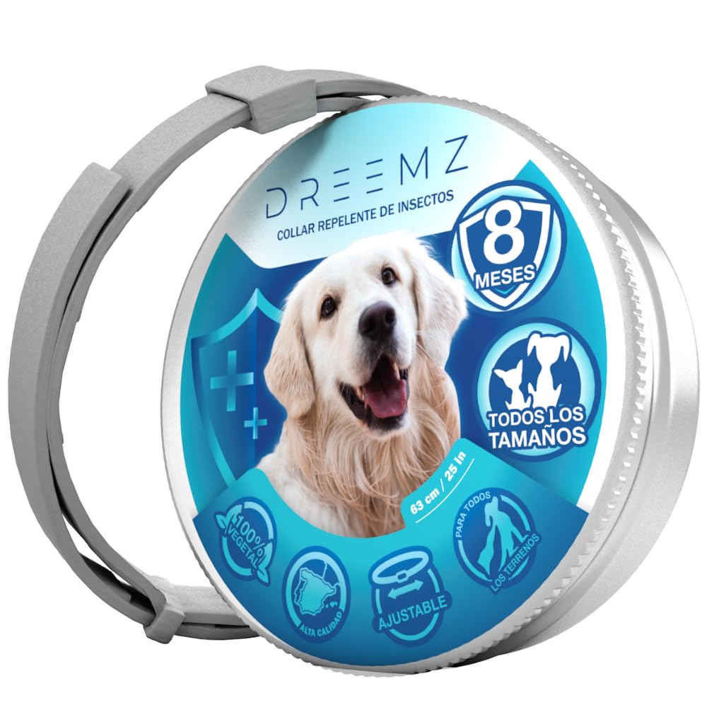 DREEMZ Collar Repelente de Insectos - Antipulgas Perros, garrapatas y Mosquitos, 8 Meses protección-63cm -100% Vegetal-Impermeable - Formatos (1 Und Gris)