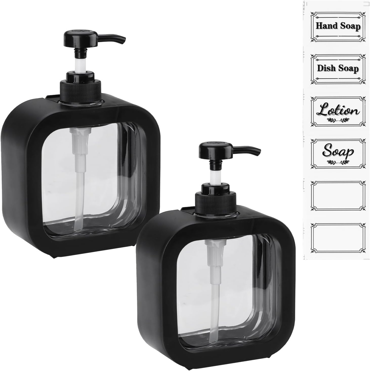 Black Plastic Soap Dispenser, 2 PCS Clear Pump Bottle Dispenser for Bathroom, Refillable Liquid Detergent Dispenser with Labels, Hand Soap Container for Kitchen (17.6oz)