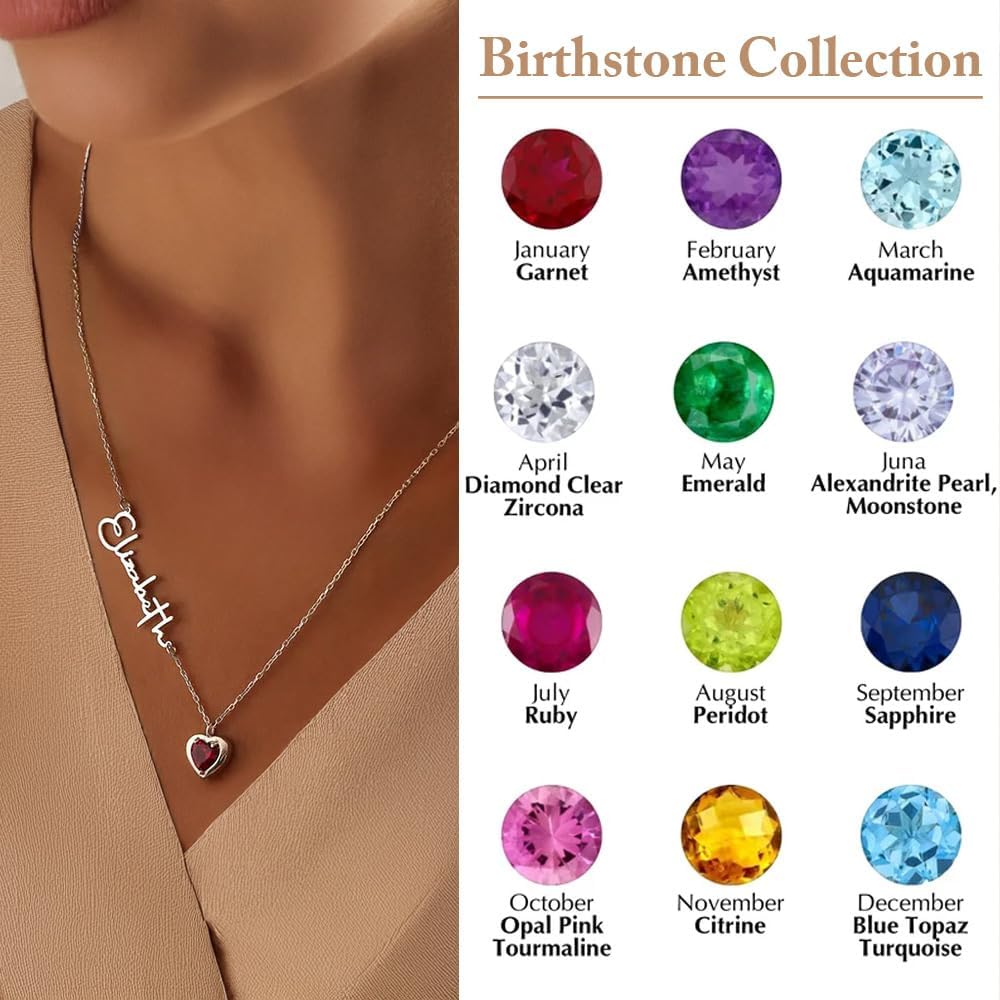 Personalized Heart Birthstone Name Necklace for Mom Custom Sideways Name Necklaces for Women January May July December Birthstones Necklace Rose Gold Sterling Silver Nameplate Pendant with Birthstone