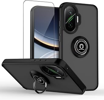 QUIETIP Case Compatible with Xiaomi Poco F7 with Screen Protector,TPU + Hard PC Magnetic Ring Car Mount Stand Cover,Black