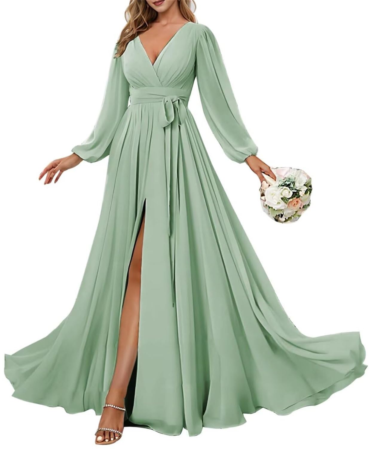 KURFACE Long Sleeve Bridesmaid Dresses for Wedding Party V Neck A Line Chiffon Maid of Honor Formal Gown Sage Green UK16
