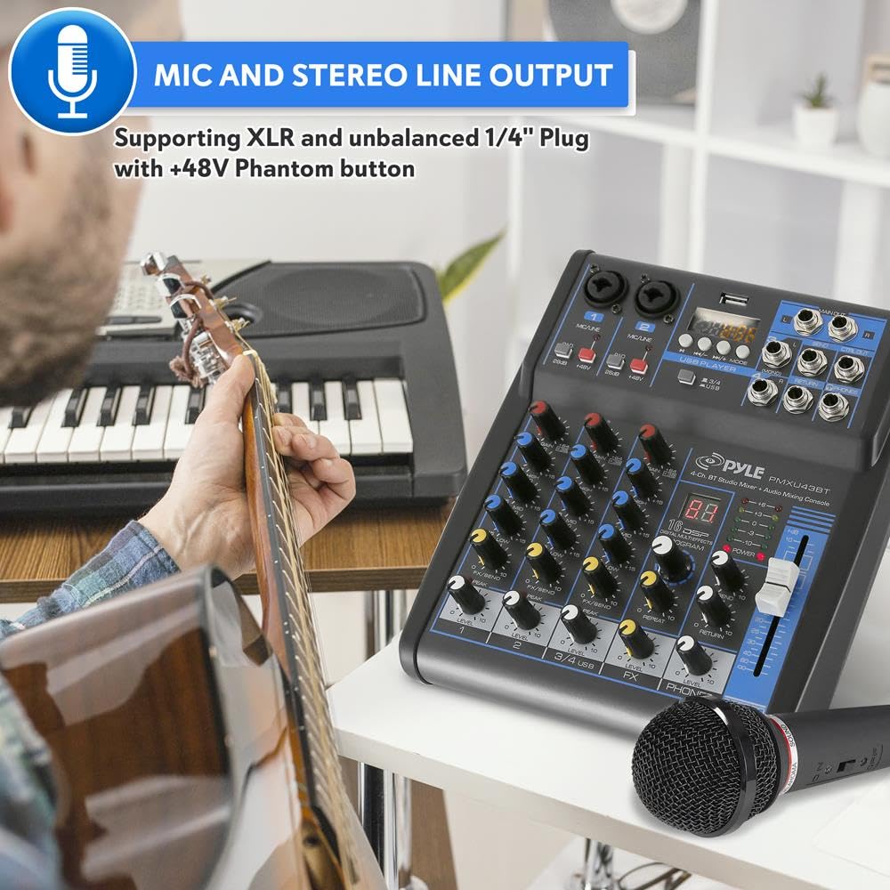 Mezclador de audio profesional con placa de sonido, interfaz de sistema de consola de 4 canales, digital, USB, Bluetooth, MP3, entrada de computadora, 48 V, Phantom Power, estéreo, DJ, Studio