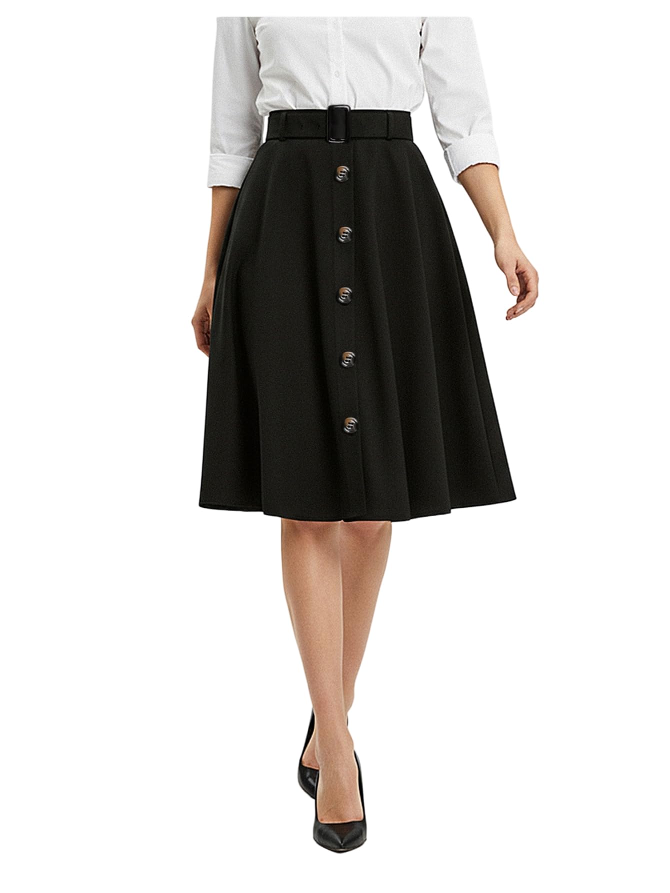Womens Vintage Button Front A Line Skirt Belted High Waisted Knee Length Flowy Work Skirts