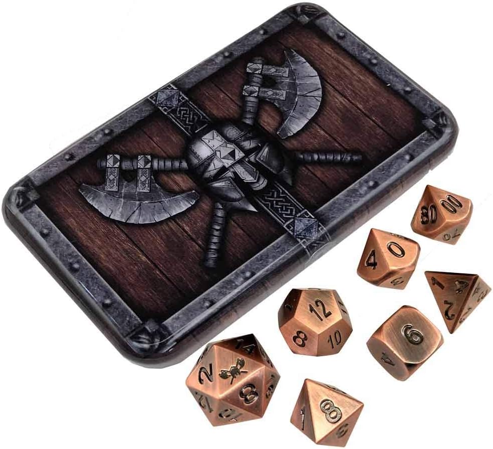 SkullSplitter Metal DND Dice Set - Antique Brass Color with Black Numbers - Set of 7 Solid Polyhedral Metal Dice for RPG - DND Dice for Tabletop RPG, Fantasy, Sci-Fi Games - Includes Metal Case