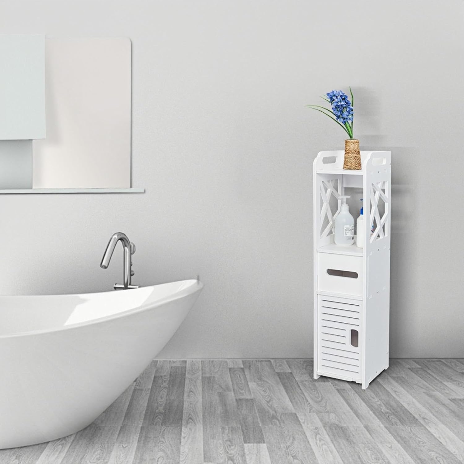 Versatile Bathroom Storage Shelf Drawer - Wood-Plastic Board - Waterproof - Free Standing Toilet Paper Holder - Ideal for Small Spaces, Slim Bathroom Storage Cabinet