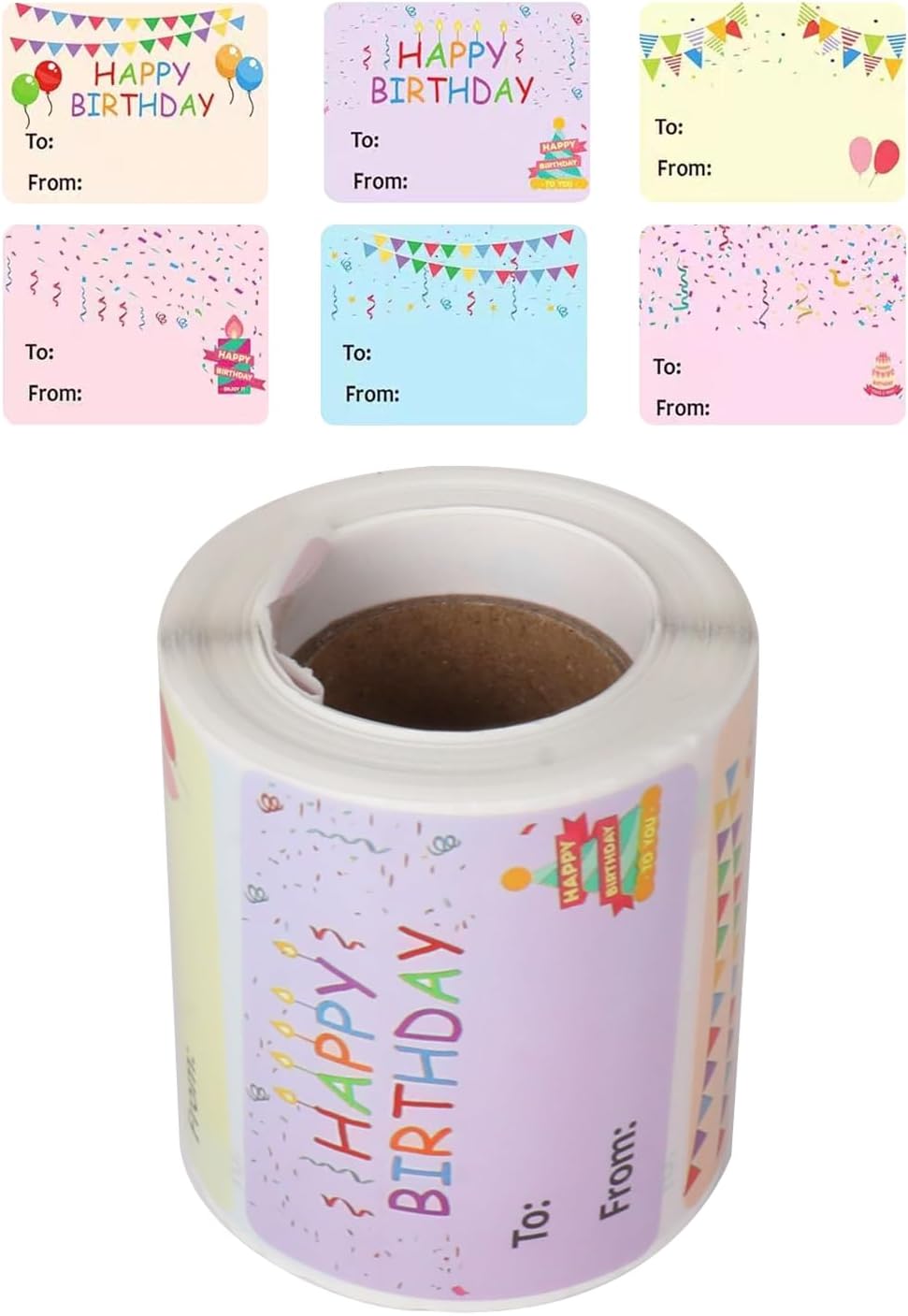 300Pcs Happy Birthday Gift Tags, 1.5 x 2 Inch Colorful Name Tags, 6 Designss Waterproof Self Adhesive Stickers for Birthday Gifts Wrap