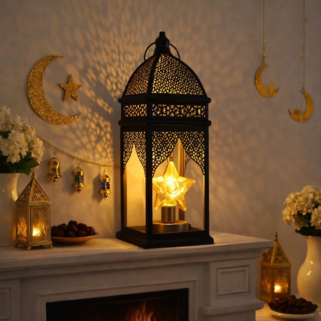 Ramadan Lanterns for Home Decor, Islamic Moon Star Ramadan Lights, Battery Operated Eid Mubarak Decorative Lamp, Ramadan Decorations for Party Table Wall Decor (Star)