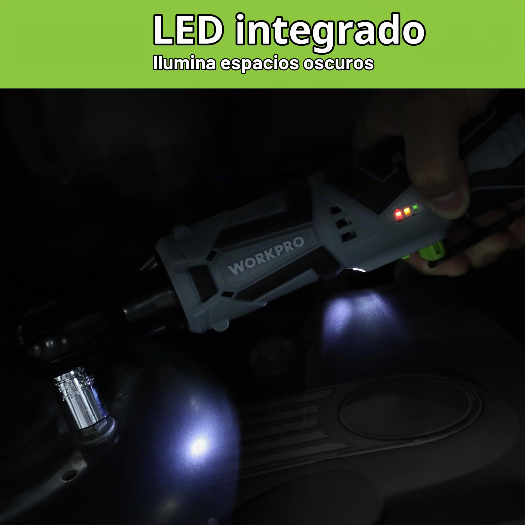WORKPRO Llave Trinquete Eléctrica Inalámbrica 12V, 55Nm con Accesorios | Herramienta Inalámbrica con Batería 2000mAh, Velocidad Variable y 9 Accesorios para Trabajos de Reparación