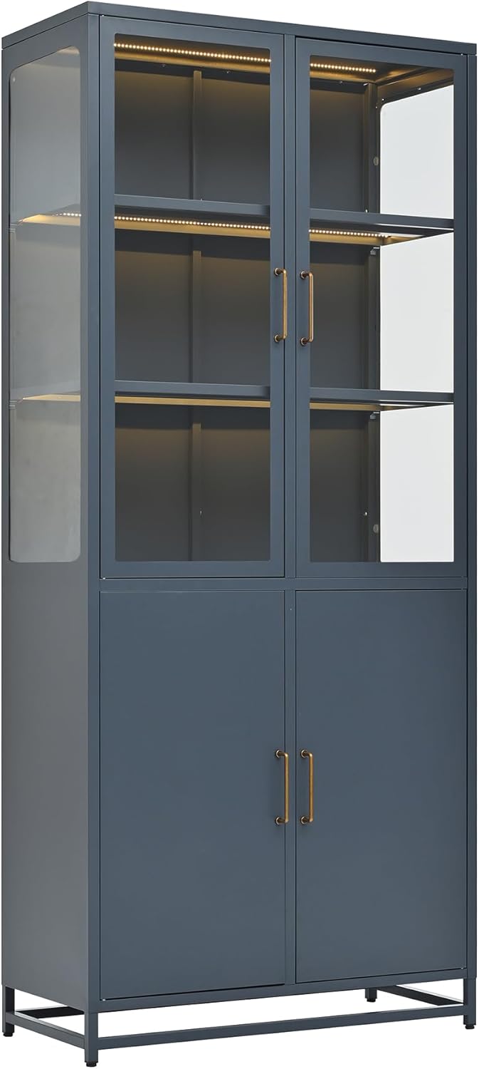 LUMISOL 76.75” Tall Display Cabinet with Glass Doors and LED Lights, Steel Curio Cabinet with 3-Sided Glass, Pantry Cabinet with Storage for Hallways, Living Room, Kitchen, Dark Blue