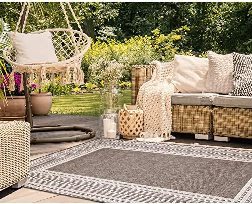 Liora Manne Malibu Indoor/Outdoor Power Loomed Synthetic Blend Low Profile Area Rug - Traditional Border Casual Colorful (Etched Border Neutral) (6'6" x 9'4")
