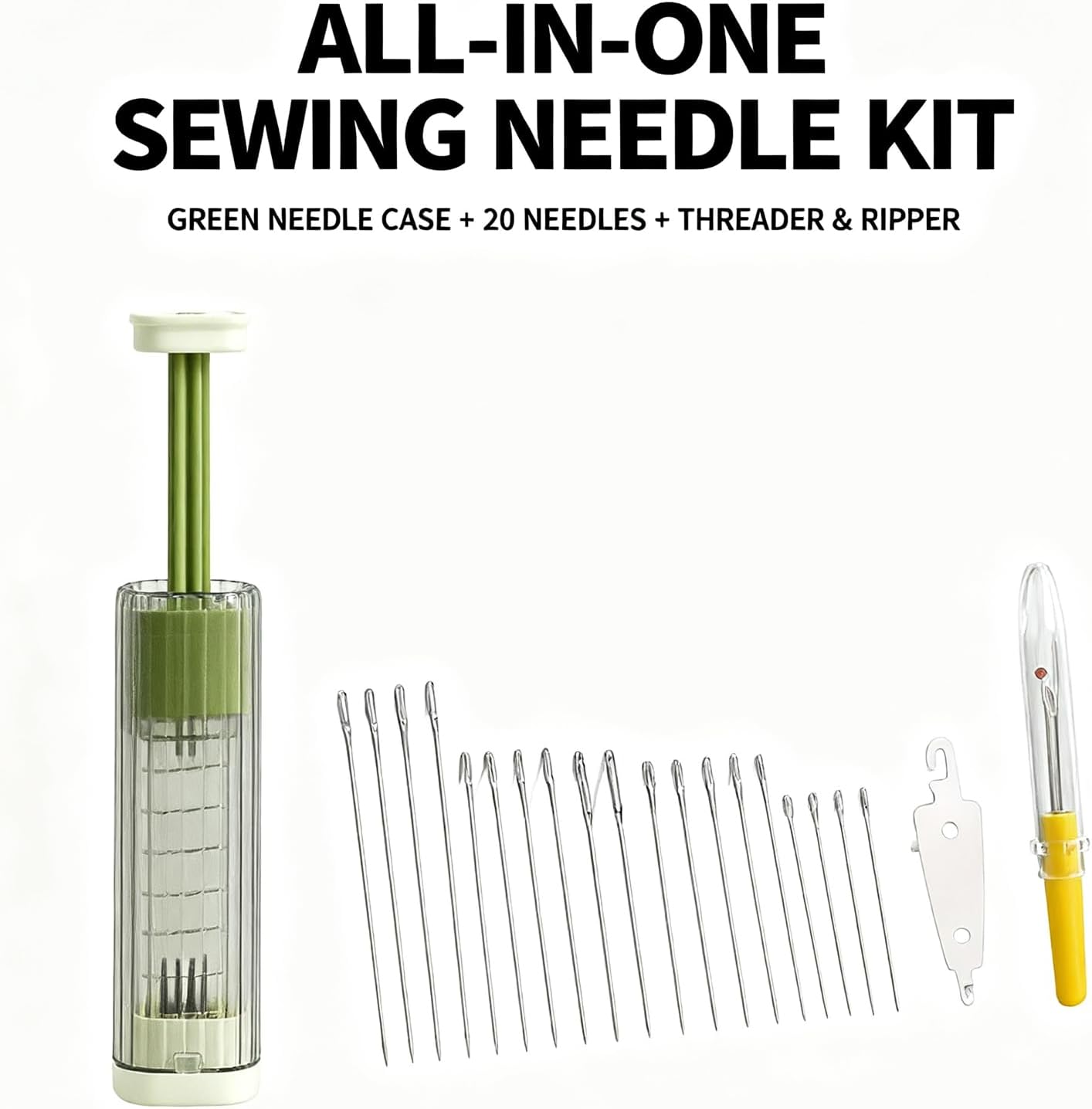 Portable Green Magnetic Sewing Needle Case Kit – 20 Sewing Needles + Threader/Unpicker Tool, for Hand Sewing, Crafts, Repairs, Travel Use​
