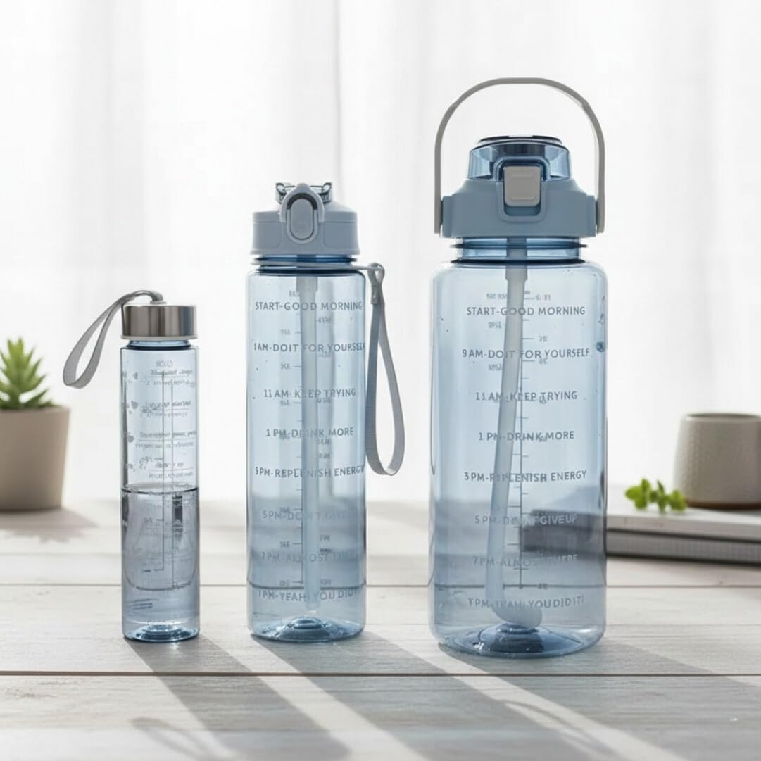 ZUCLLPSA Set Of 3 Motivational Water Bottles | Gym & Daily Hydration Bottle For Men & Women, Transparent Water Bottle 2000ml, 900ml, 300ml | Time Marker Water Bottle, Stylish Water Bottle - Multicolor-image-35