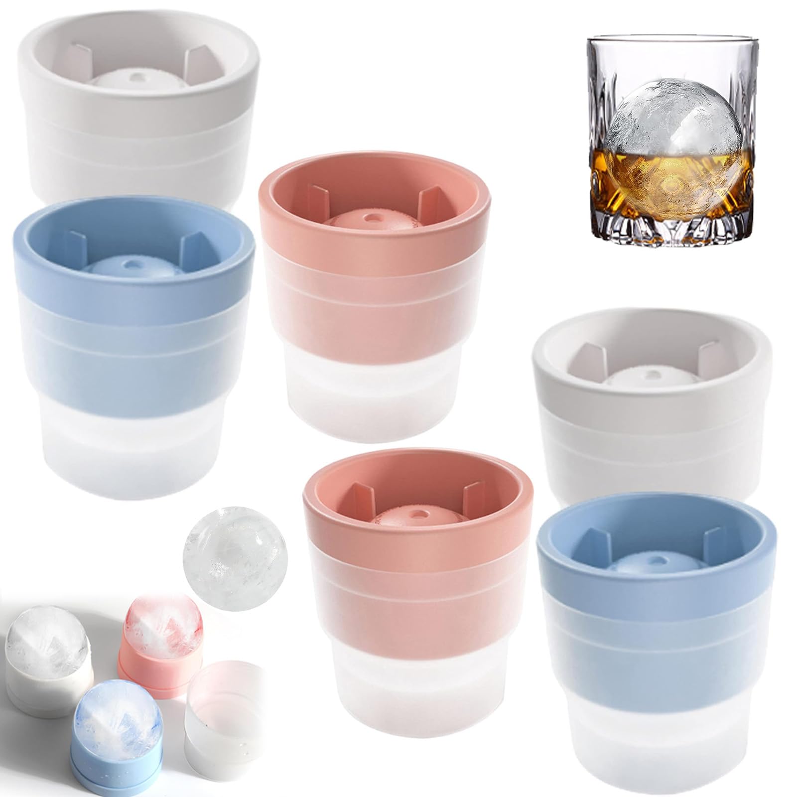 6PCS Ice Ball Mould, Round Ice Cube Moulds for Making 6cm Sphere Ice Balls, Easy Release Ice Ball Maker for Whisky, Cocktails & Beverages (2 White + 2 Pink + 2 Blue)