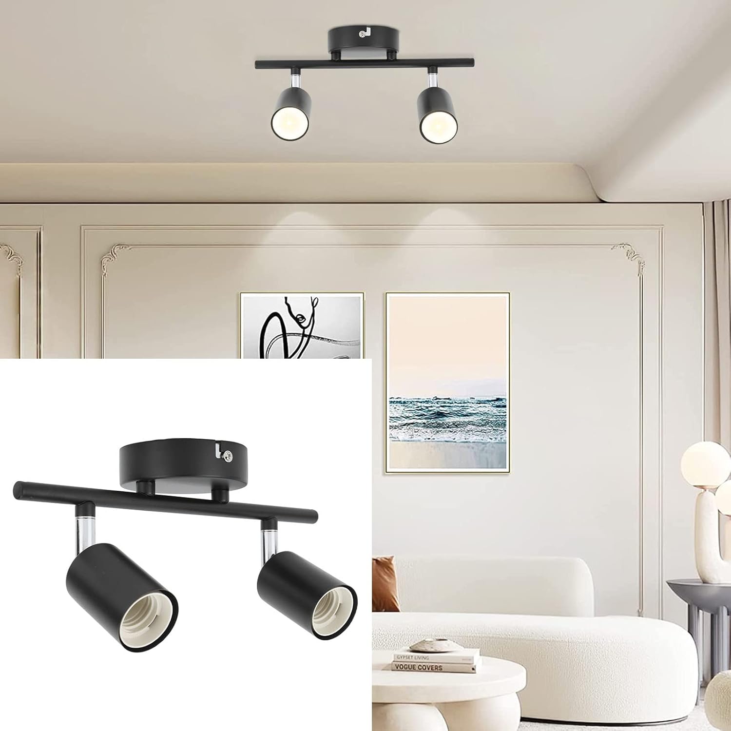 Ceiling Track Light Holder 2 Light Rotating Adjustable Lampholder Flush Mount for E27 Bulb LED Bulbs