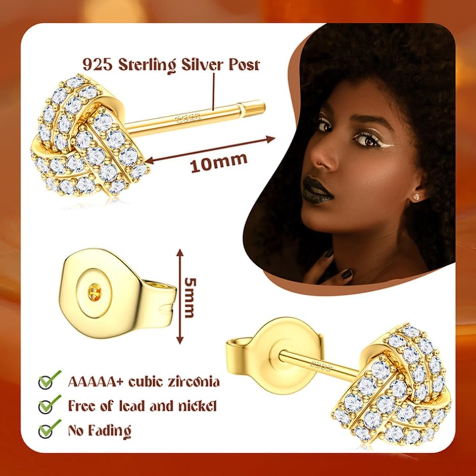 SAILIMUE Hypoallergenic Sterling Silver Stud Earrings for Women Men Brilliant Heart Knot Round Cubic Zirconia Earring Studs for Sensitive Ears Gold Silver Tone - Image 2