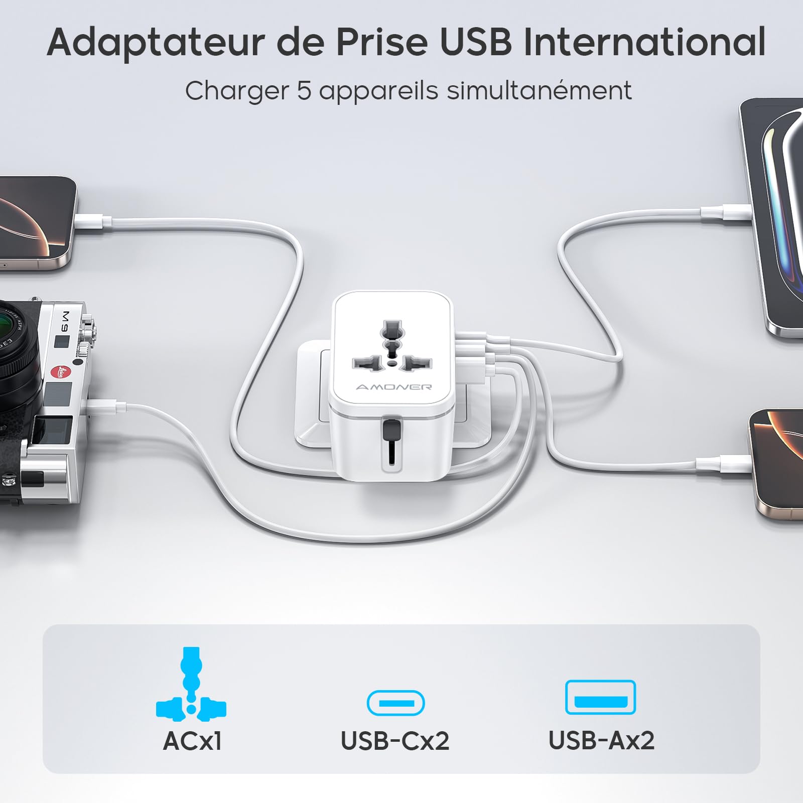 Amoner Adaptateur Prise Universelle Voyage International - 5 in1 Travel Adapter Internationale avec 2 USB 2 USB-C et 1 AC Chargeur France vers UK Allemagne Japon Srilanka Italie Europe USA