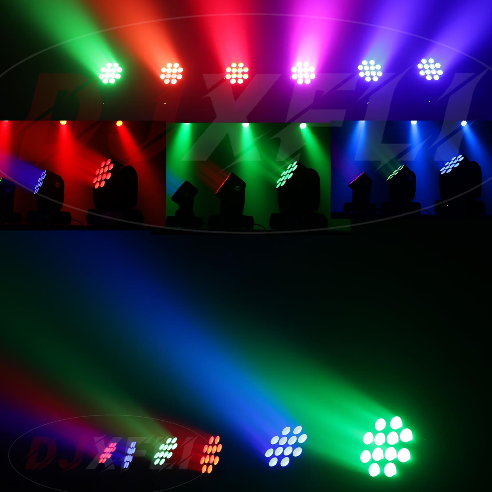 Lot de 2 faisceaux lumineux à tête mobile 12 x 12 W LED RGBW 4 en 1 professionnel DMX 512 effet stroboscopique activé par le son pour DJ, discothèque, karaoké, bar
