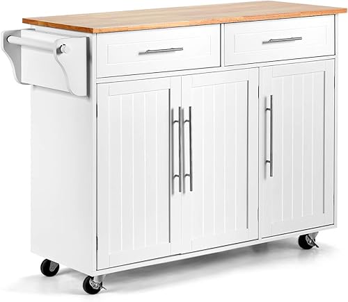 GLACER Isla de cocina con ruedas, carrito de isla de cocina rodante con parte superior de madera de goma, mango lateral, cajones grandes, gabinete