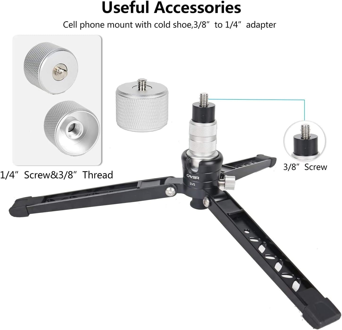Cayer Mini treppiede da tavolo, treppiede 3 piedi SV5 Supporto per treppiede in alluminio per monopiedi con vite di montaggio da 3/8 "-16