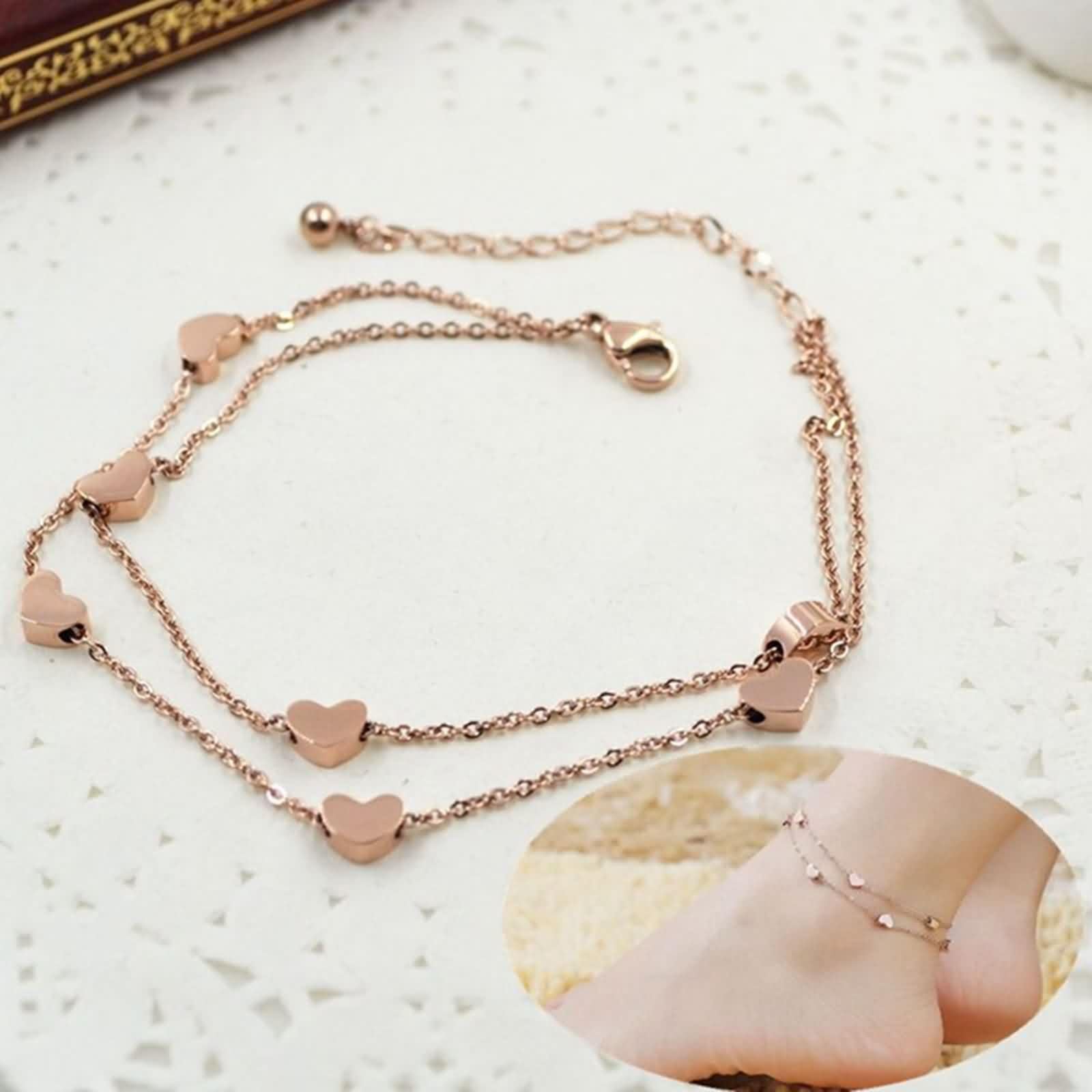 Tobillera de playa de oro rosa de 9 quilates, Au375, oro rosa, cadena doble con corazón, joya para el pie, descalzo, verano, vacaciones, para mujeres, madres, niñas, 30 cm de longitud