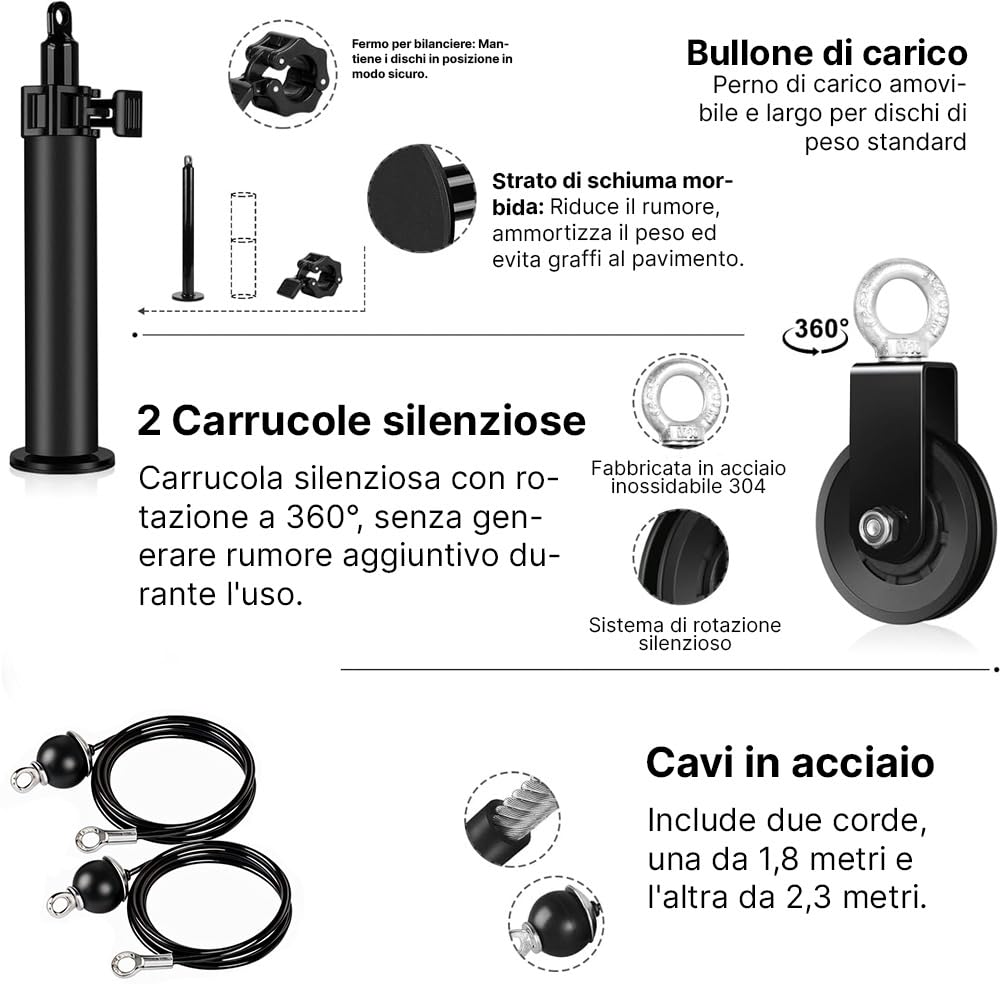 ManiBoom Kit Carrucola Palestra (204 kg) - Carrucola per Sollevamento Palestra con Barra 2 in 1, Corda Tricipiti e Maniglie per Home Gym