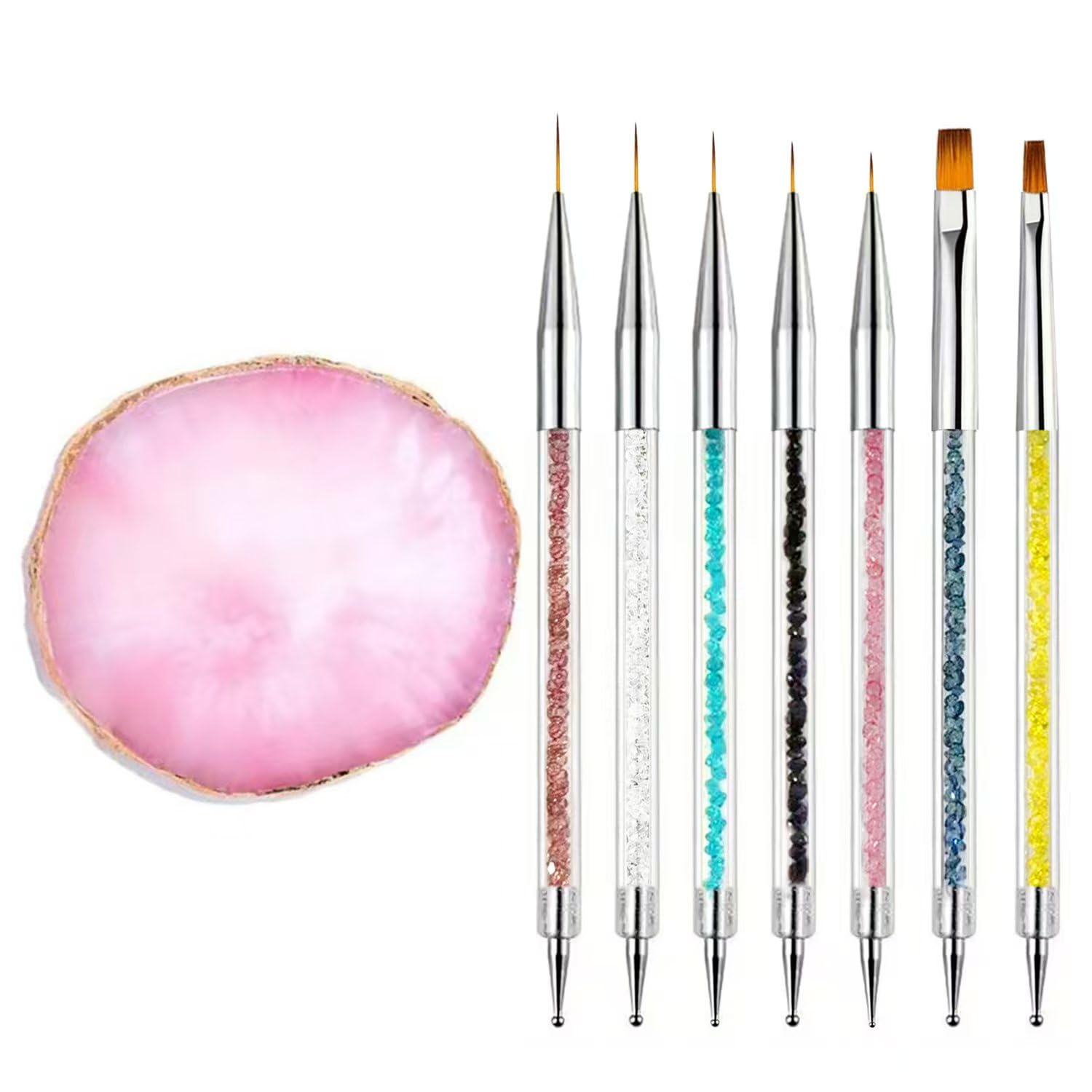 Nagelkunst-Pinsel-Set mit doppelseitigem Strassgriff, 8-teilig, mit rosa Harz-Palette, professionelle 2-in-1-Liner- und Detail-Pinsel für Gel-Nagellack, Maniküre, Nagelkunst-Malerei und Farbmisch-Set