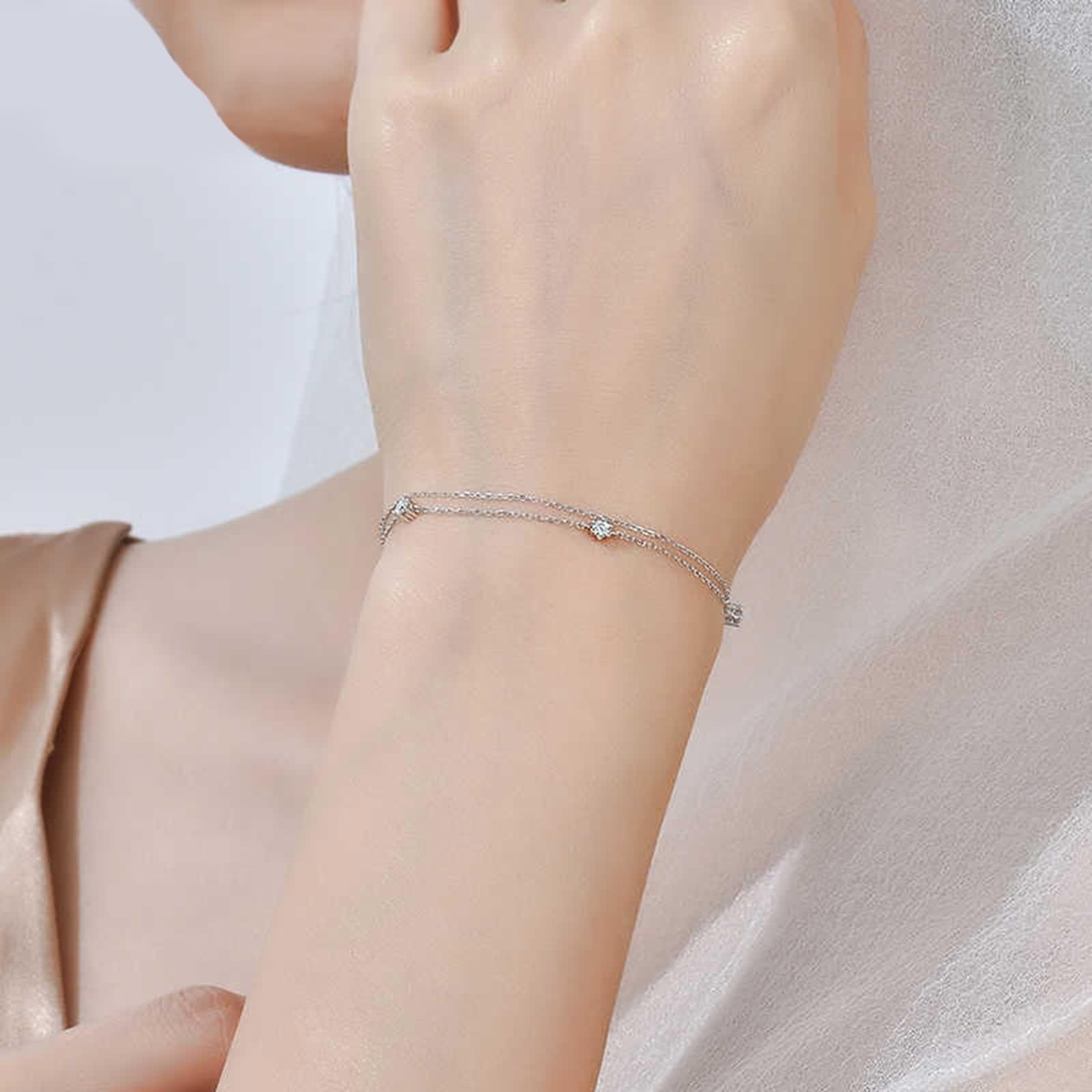 Pulsera de cadena para mujer, pulsera de cadena con diamantes blancos de 0,15 quilates, doble capa, joyería redonda de oro blanco