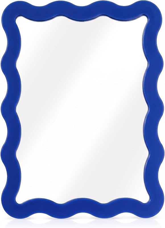 Espelho magnético para armário Leinuosen com borda ondulada, vidro e moldura azul-marinho, 20,07 cm x 12,7 cm