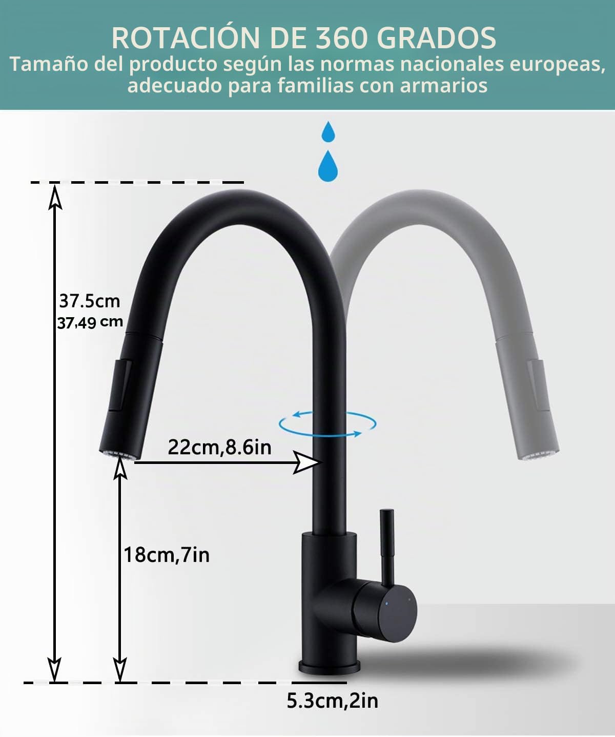 TIMACO - Grifo de cocina negro con alcachofa extraíble, giratorio 360°, grifo mezclador, de una sola manija, para el fregadero