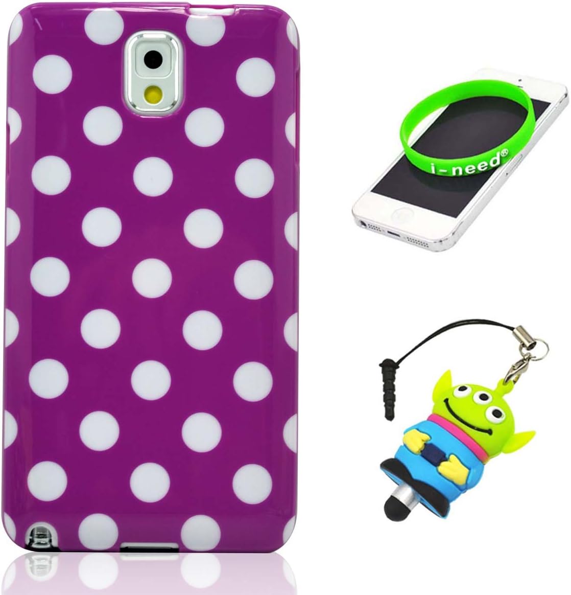 I Need(TM) Stylish White Polka Dots Pattern Purple TPU Cover Case Compatible for Samsung Galaxy Note 3 N9000/N9006+3D Alien Stylus Pen+I-Need Wristband Gift(Retail Package)