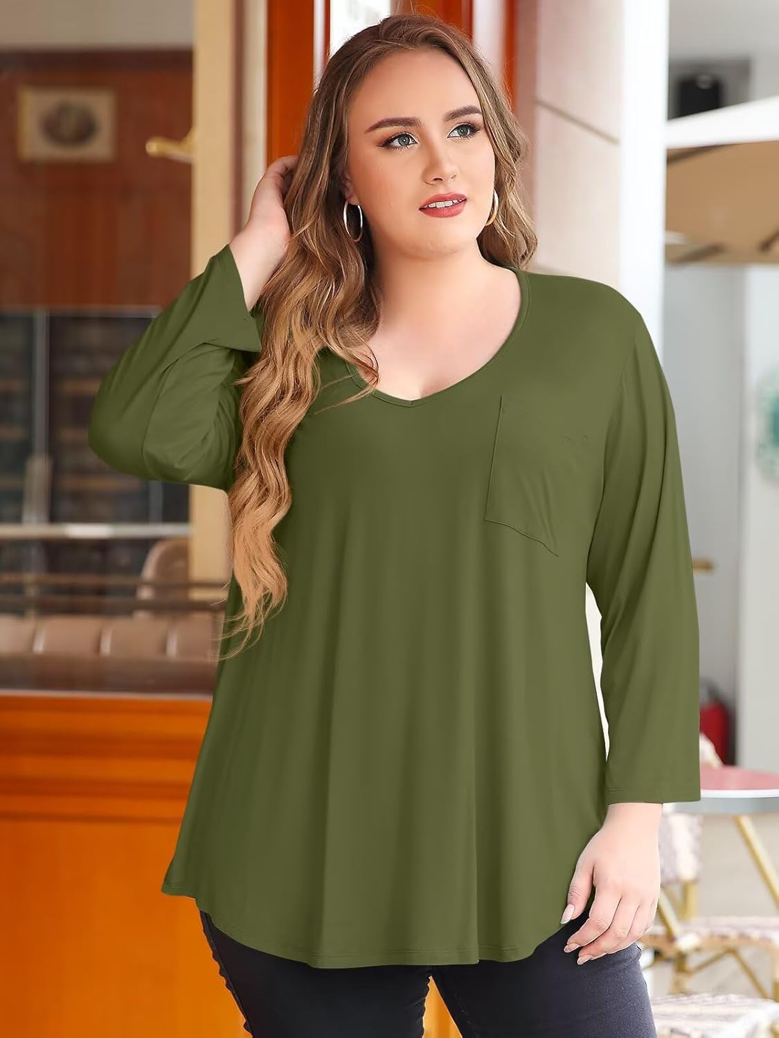BELAROI Womens Plus Size Tunic Tops 3/4 Sleeve V Neck T Shirts Basic Tee Loose Blouses with Pocket - Image 2